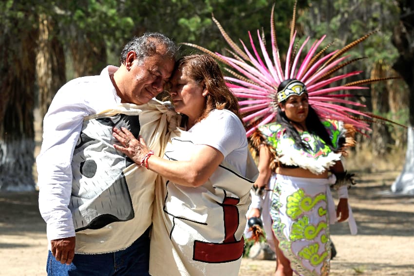 A couple at a pre-Columbian wedding ceremony