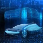 Rendering of the concept of digital twin technology showing a finished car and the same car in digital form