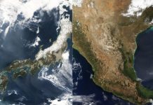 Side by side satellite images of Japan and Mexico