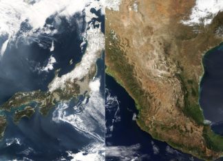 Side by side satellite images of Japan and Mexico