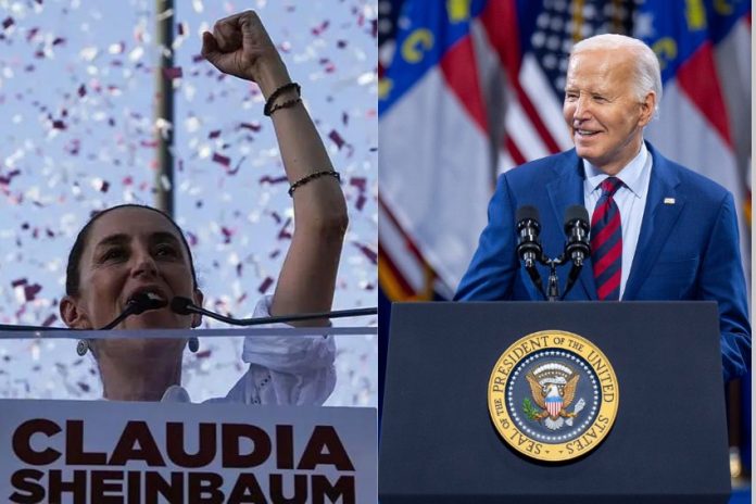 Two portraits, one of Mexico's new president-elect Claudia Sheinbaum and the other of U.S. President Joe Biden.