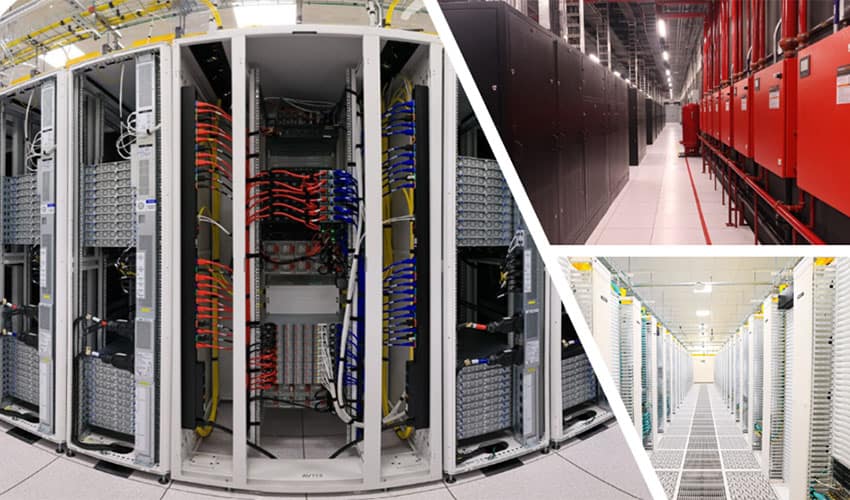 Three images of parts of the new Microsoft data center in Queretaro, Mexico