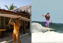 Mexican surfer Patricia Ornelas surfs in a traditional embroidered huipil.